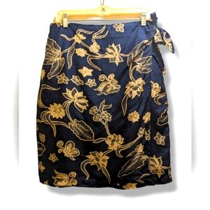 The Avenue Vintage 90's Dark Blue & Tan Floral 100% Silk Wrap Pencil Skirt- 14